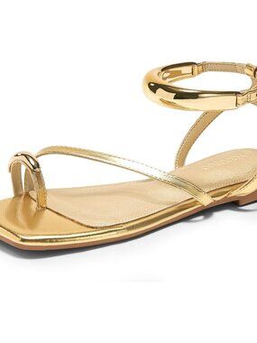 🆕Women's Gold Strappy Flat Sandals Flip Flops Open Toe Ring Sandals